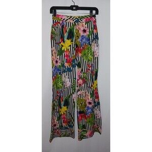 Studio F Pant Women's 6 Black White Stripe Floral High Waisted Palazzo Wide Leg‎